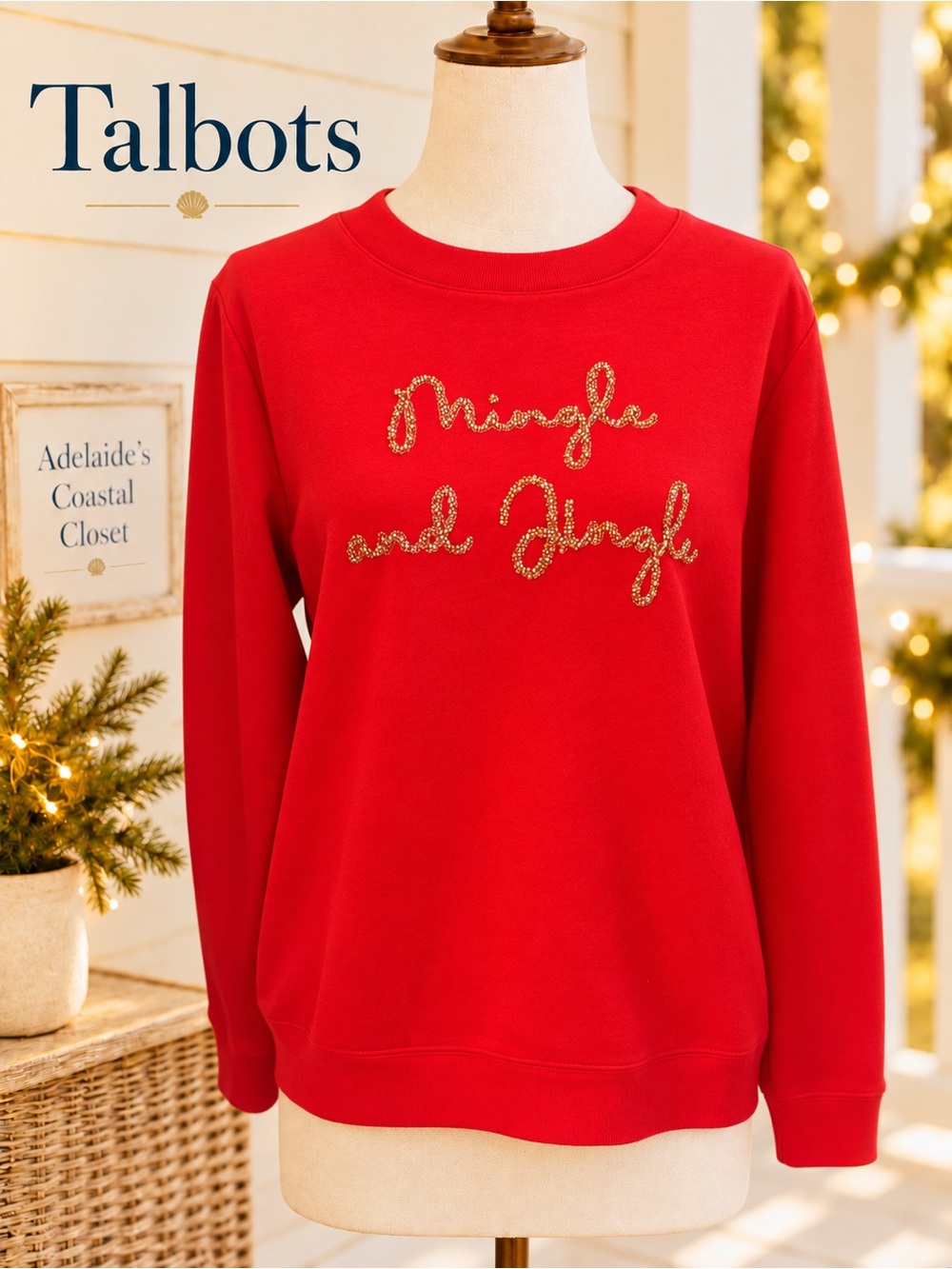 Talbots Mingle and Jingle Red Gold Beaded Holiday Sweatshirt Women’s Medium